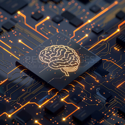 Brain, circuit board and cloud computing with technology for data with cybersecurity dashboard. Metaverse, wireframe and semiconductor for neuroscience microchip interface with futuristic information