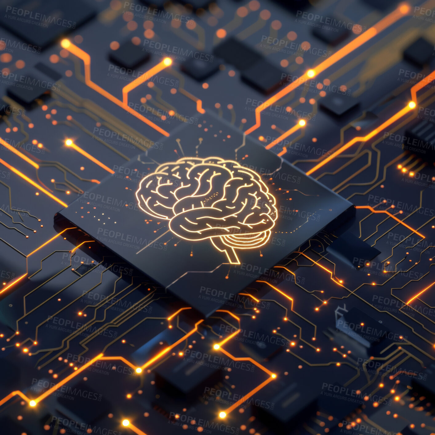 Buy stock photo Brain, circuit board and cloud computing with technology for data with cybersecurity dashboard. Metaverse, wireframe and semiconductor for neuroscience microchip interface with futuristic information