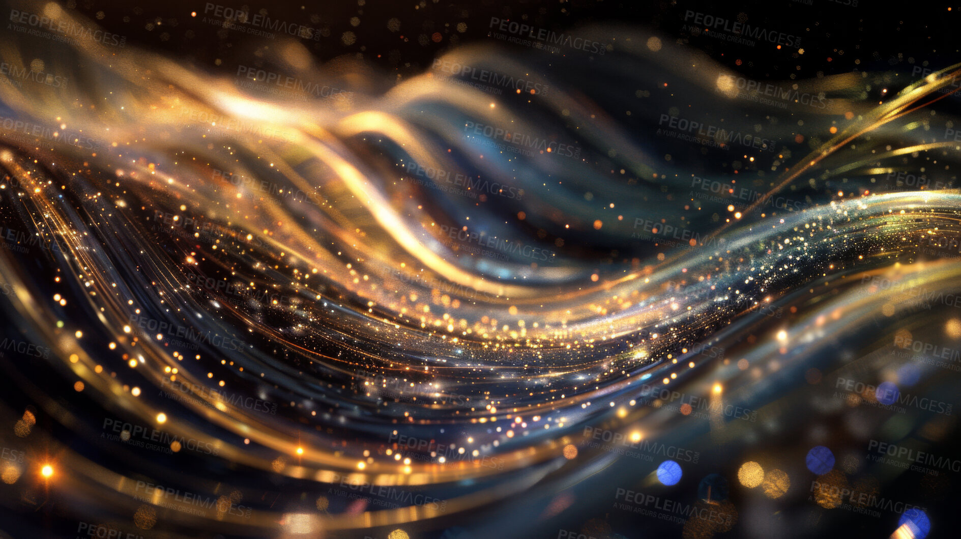 Buy stock photo Light, waves and glitter in digital, dark and background as wallpaper, texture and backdrop. Rays, frequency and motion for futuristic, 3D and effect in gold with glow, particles and abstract
