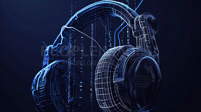 Sound, lines and headphones with waves, polygon and streaming music with blast and frequency. Wireframe, icon and headset with connection or listening to audio and radio with podcast, loud or stereo