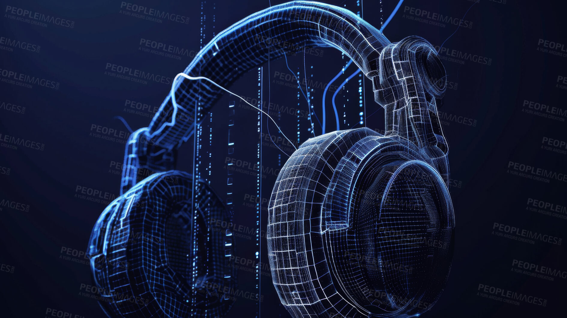 Buy stock photo Sound, lines and headphones with waves, polygon and streaming music with blast and frequency. Wireframe, icon and headset with connection or listening to audio and radio with podcast, loud or stereo
