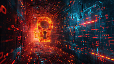 Lock, firewall and cybersecurity with digital connectivity, lights and pattern on neon motherboard. Password, network and keyhole on future technology for system information protection in cyberspace