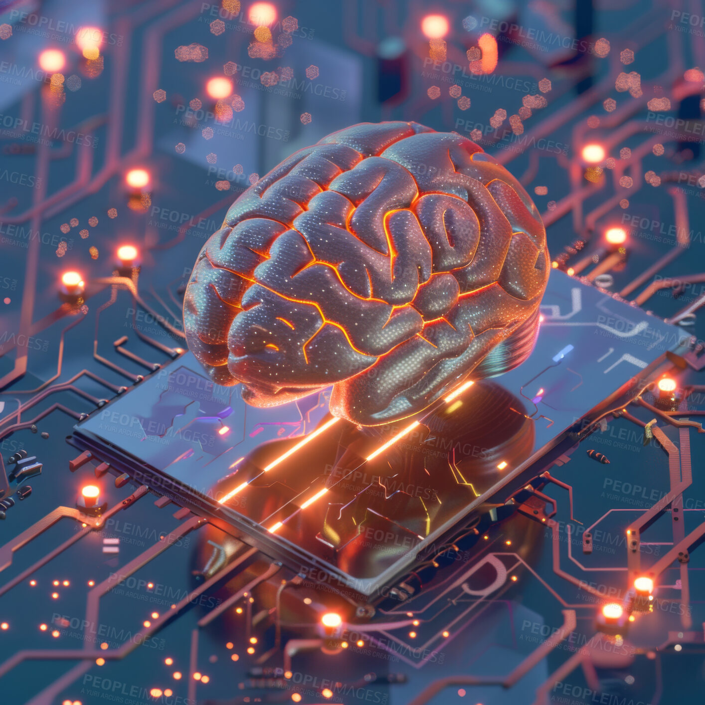 Buy stock photo Brain, technology and neon circuit board with data for future engineering, cyber security or geometric programming. Ai research, learning and neuro for thinking patterns connection or dementia study