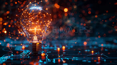 Future, idea and lightbulb with power from technology, innovation or progress in clean energy grid. Electricity, circuit and sustainable engineering from cyber connection or network system in city