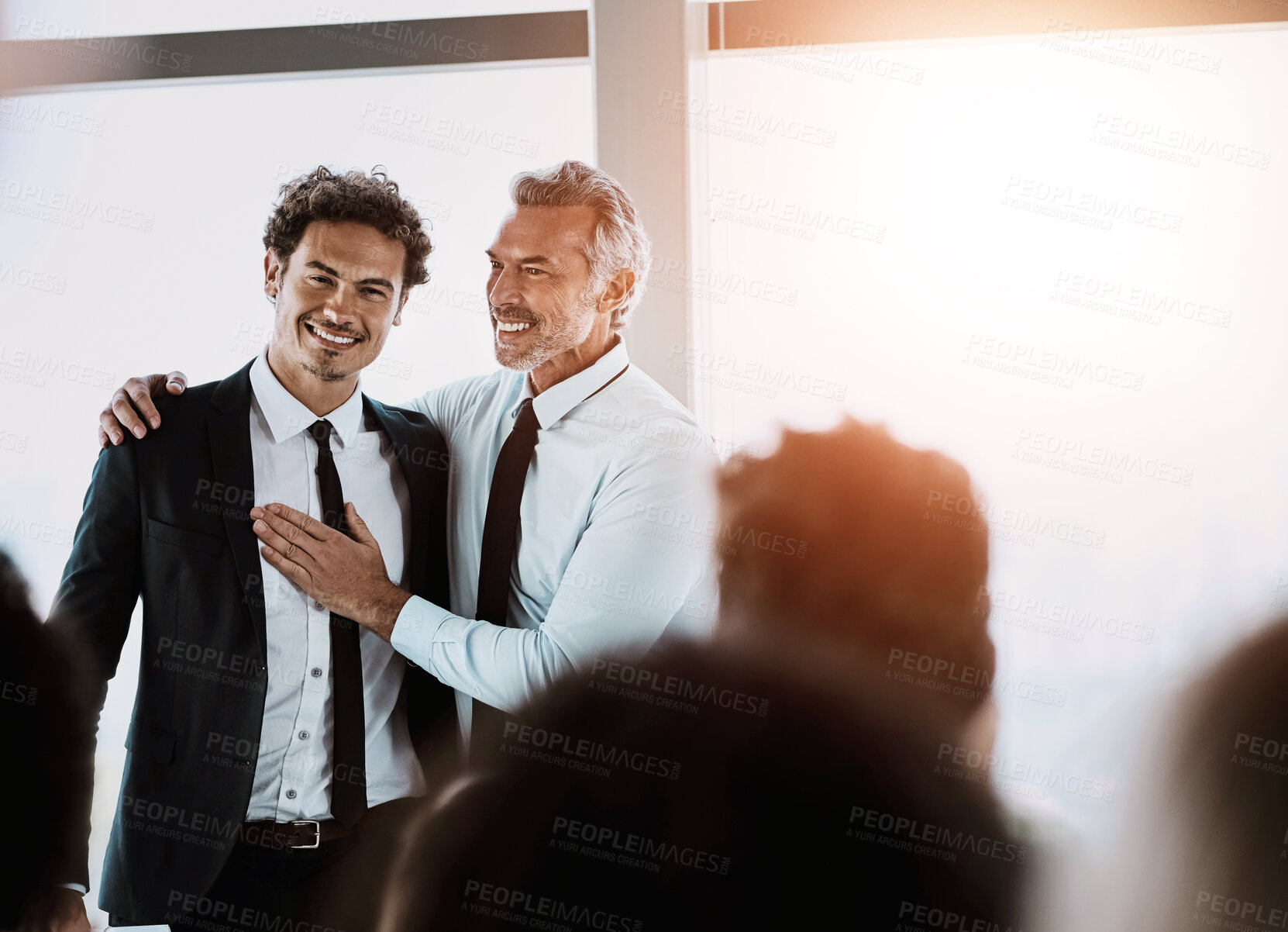 Buy stock photo Man, business and speaker with happy people, mature manager smile with employee for presentation speech. Corporate, office and training seminar for colleagues, meeting and proud or company presenter