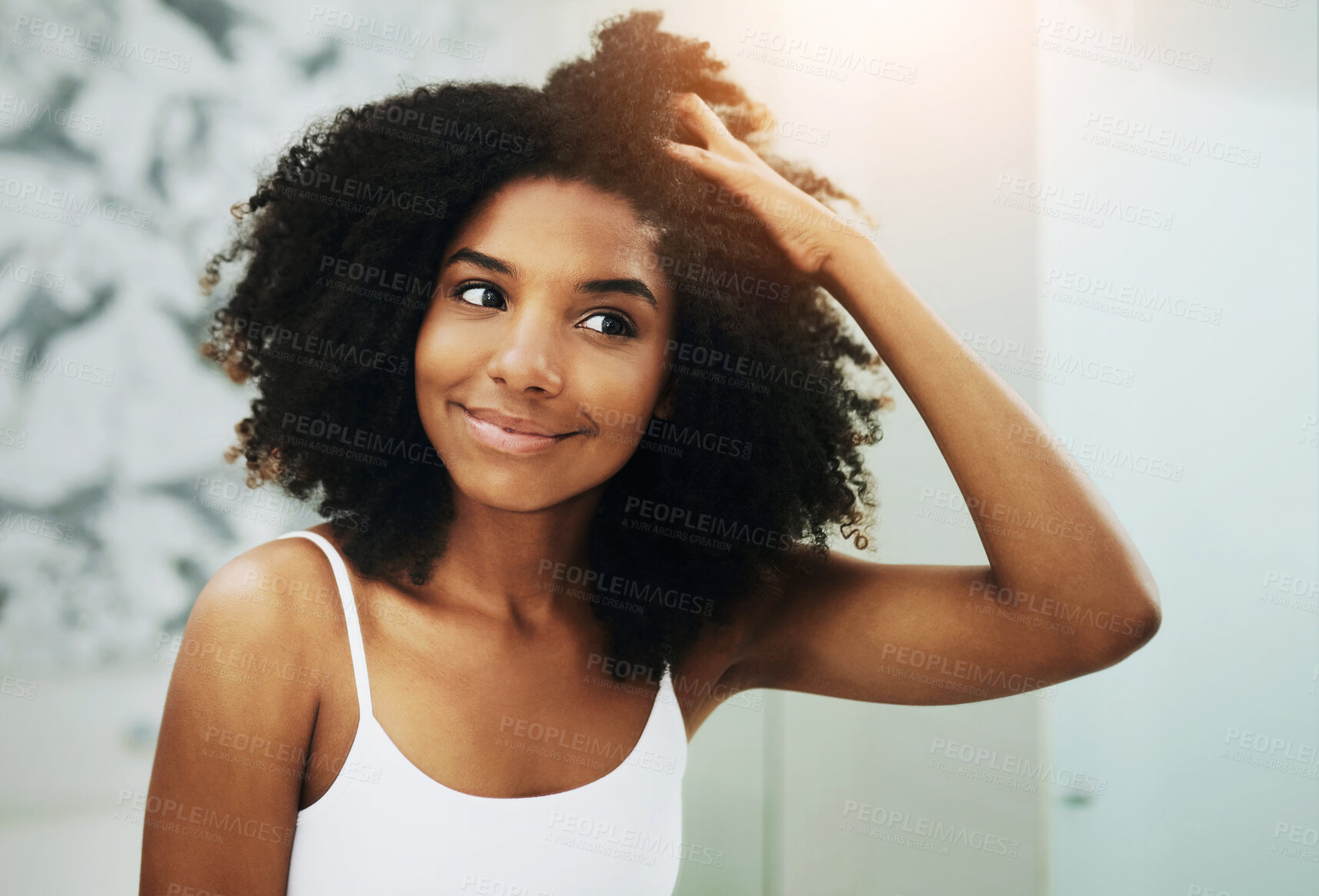 Buy stock photo Face, hair and smile with woman in bathroom of home for morning beauty routine or wake up. Cosmetics, satisfied and wellness with happy African person or relaxing treatment or shampoo haircare