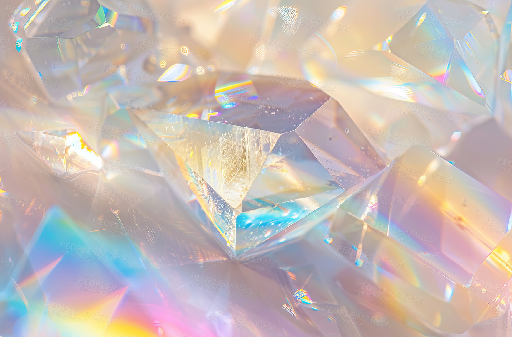 Buy stock photo Object, prism and reflection of light in glass closeup for mineral mining of precious stone or gem. Abstract, background and diamond with natural rock refraction for bright rainbow effect or color