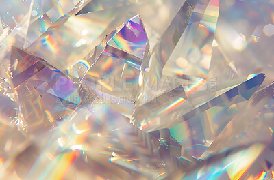 Object, prism and refraction of light in glass closeup for mineral mining of precious stone or gem. Abstract, background and diamond with natural rock reflection for bright rainbow effect or color