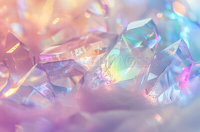 Abstract, object and refraction of light in glass closeup for mineral mining of precious stone or gem. Background, diamond and prism with natural rock reflection for bright rainbow effect or color