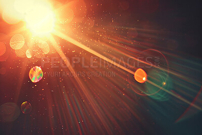 Buy stock photo Sun, light and lens flare in nature, blur and sunbeam for art, decor or glow in dark background. Rays, effect and bokeh for sunrise, wallpaper and inspiration for abstract, space or sunset backdrop