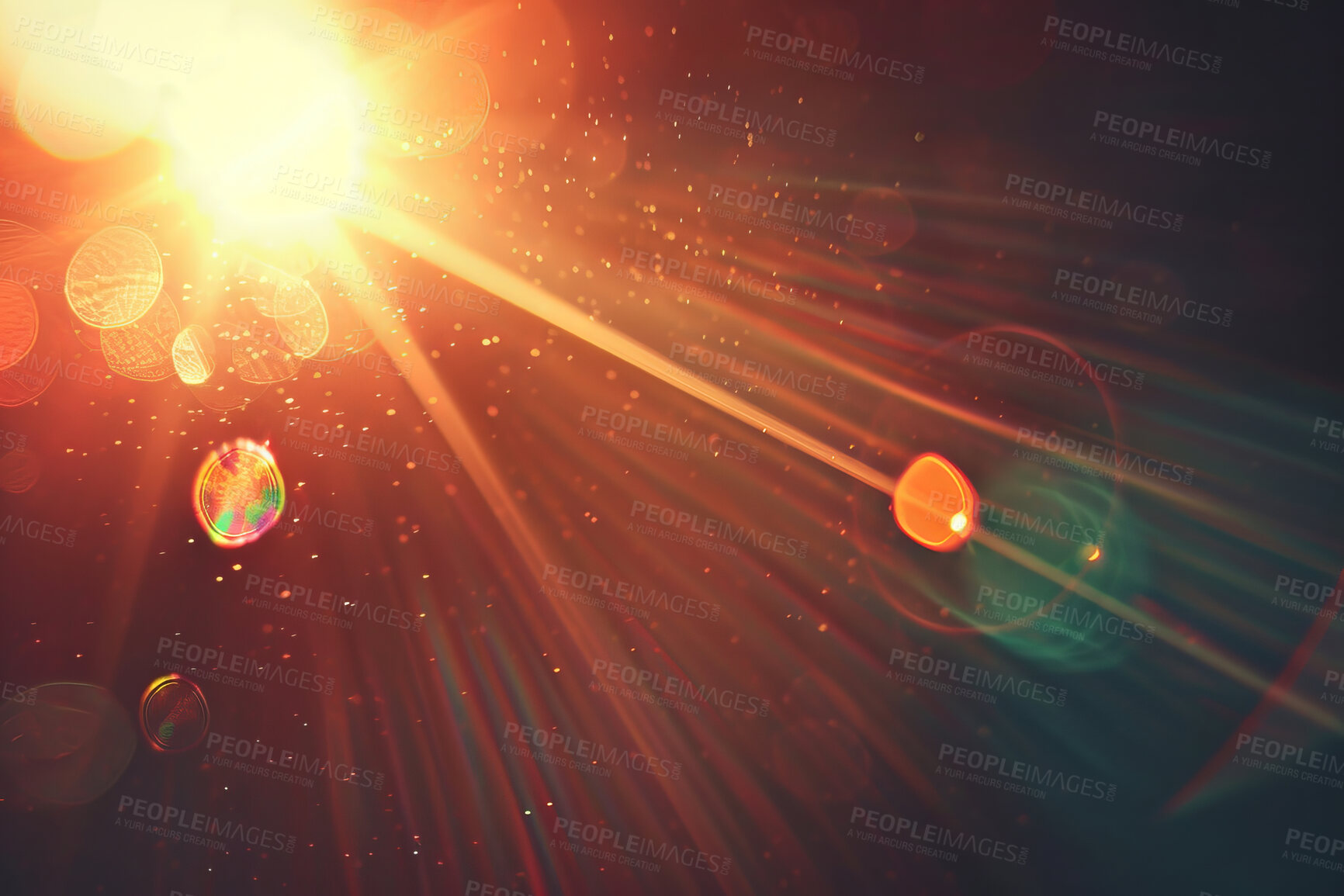 Buy stock photo Sun, light and lens flare in nature, blur and sunbeam for art, decor or glow in dark background. Rays, effect and bokeh for sunrise, wallpaper and inspiration for abstract, space or sunset backdrop