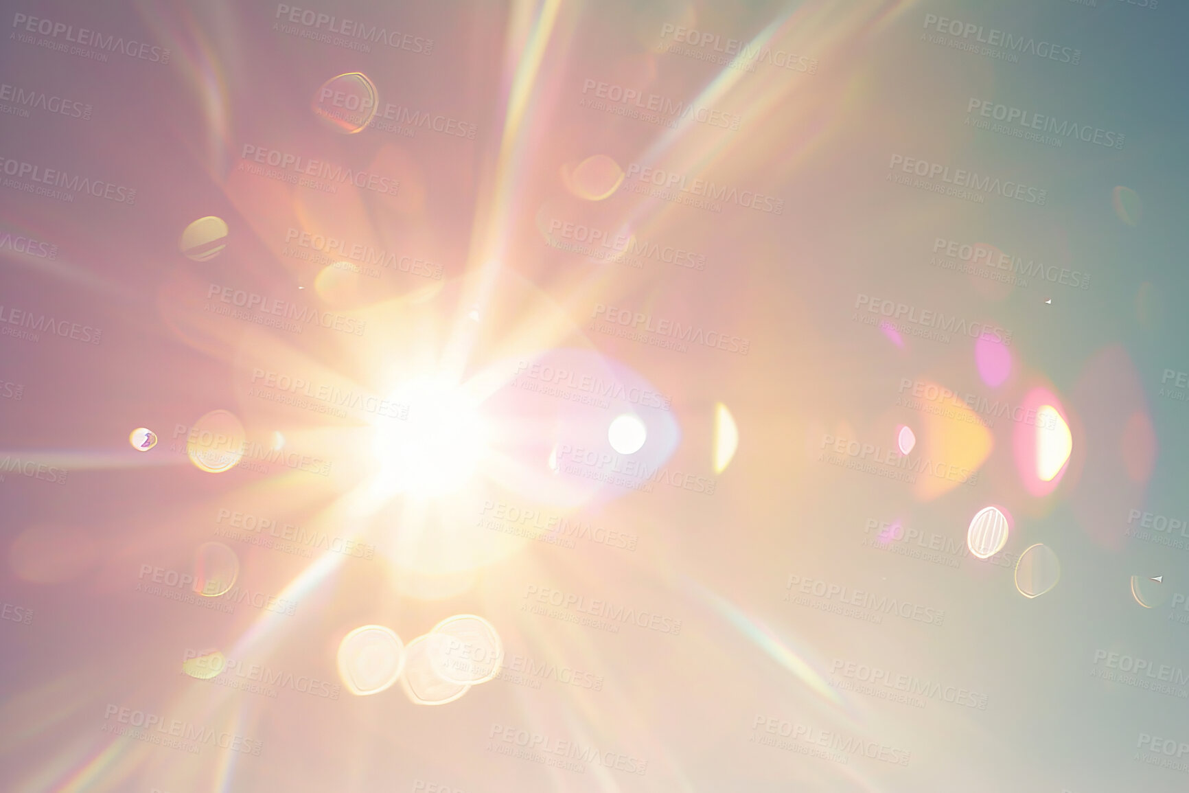 Buy stock photo Sunlight lens flare, rays and prism in abstract background and transparent glow for faith or religion. Rainbow, effect and light blur for wallpaper or backdrop with bright gradient and bokeh