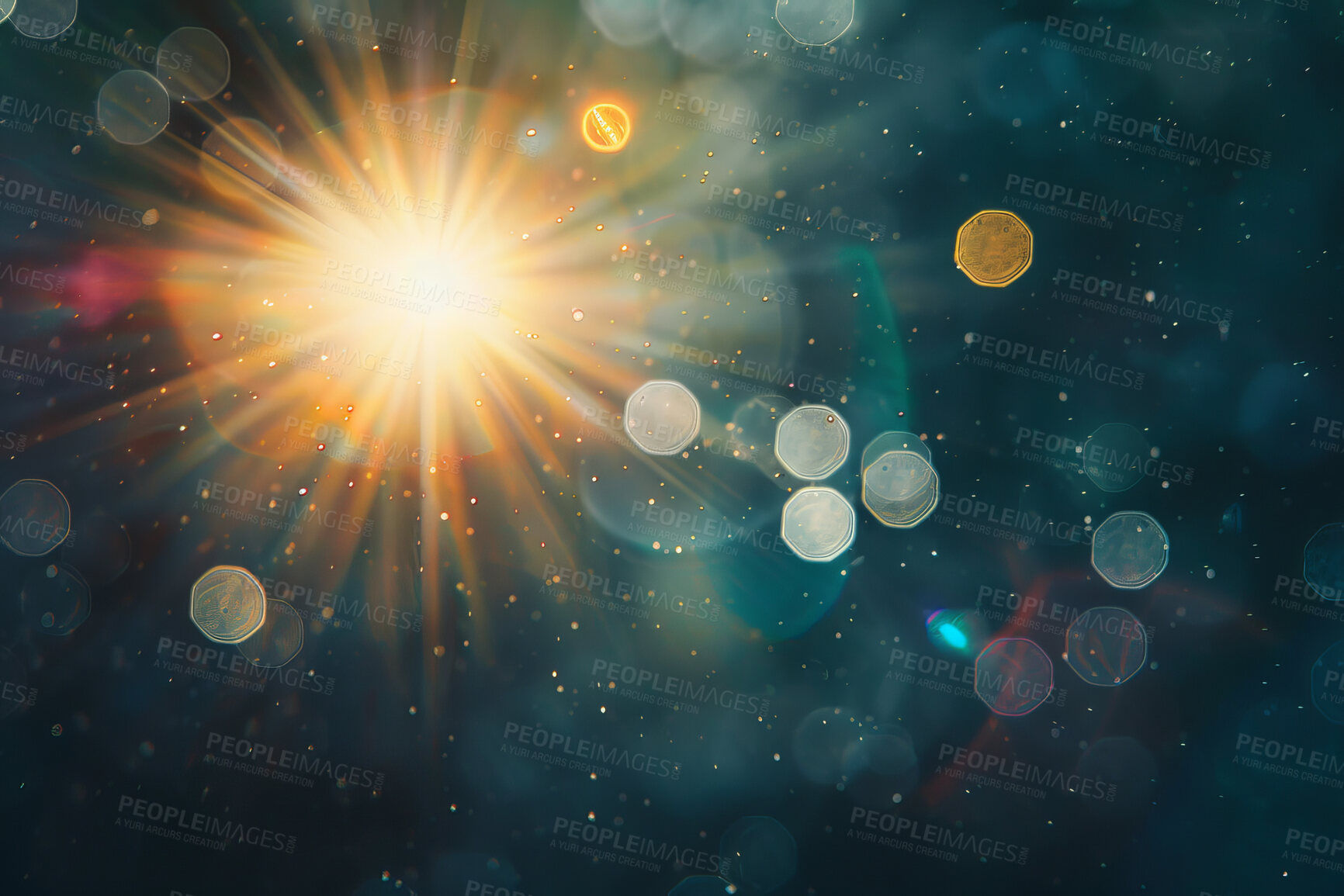 Buy stock photo Light, bokeh and sun for abstract sky art, gold and magic of hope, healing and energy alignment. Lens flare, space or microscopic view of sunshine pattern for comet news, philosophy or starburst glow