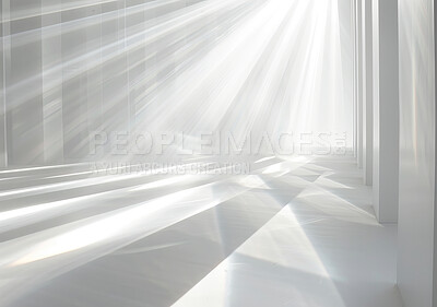 Buy stock photo Abstract, beam and ray of light for effect, illumination or texture for creative or art deco design. Background flash, bright and wallpaper with brilliant white shine for glow, power or sparkle 