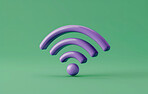 Wifi, 3d graphic and future with internet, network and neon green background for connection. Cyberspace, signal and symbol for communication, online information and data technology for iot innovation