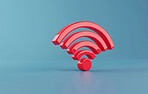 Wifi, 3d graphic and future with internet, network and pastel blue background for connection. Cyberspace, signal and symbol for communication, online information or data technology for iot innovation