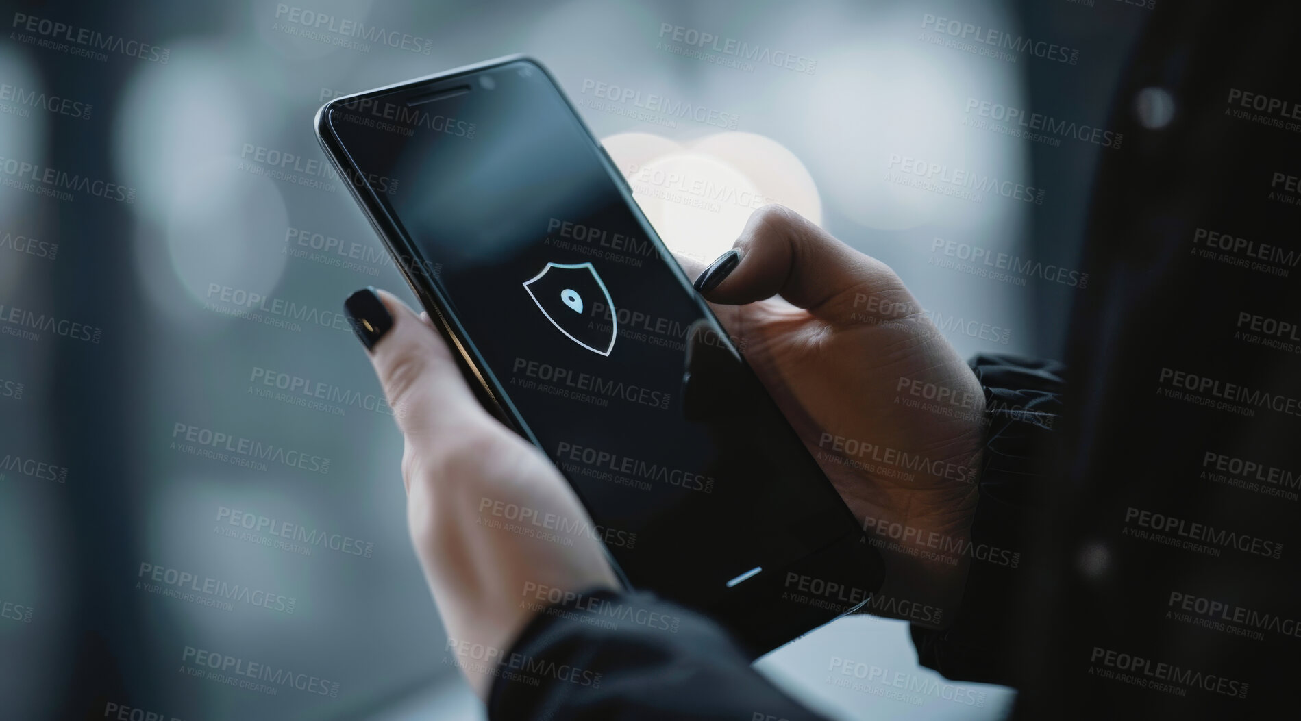 Buy stock photo Hands, protection and phone with lock icon for login, protection or safety system for security. Technology, screen and person with cellphone for online hacking, fraud or antivirus access control.