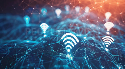 Network, connection and lines with wireless, icon or information technology for pattern on futuristic web. Internet, matrix and virtual grid for digital transformation with symbol by dark background