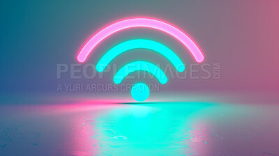 Wifi, neon sign and creative with internet, network and metal background for connection. Cyberspace, signal and graphic for communication, online information and data technology for iot innovation