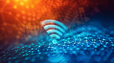 Buy stock photo Wireless, symbol and cyberspace with internet, network and neon digital background for connection. Future, signal and graphic for communication, online information and data technology for innovation