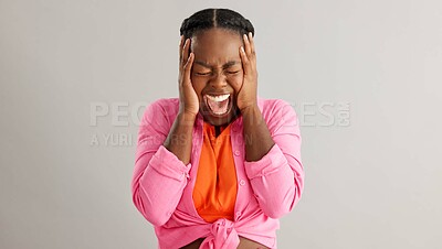 Buy stock photo Anxiety, screaming and hands on face of black woman in studio with mental health crisis on grey background. Stress, shout and female model overthinking mistake, fail or frustrated, fear or disaster