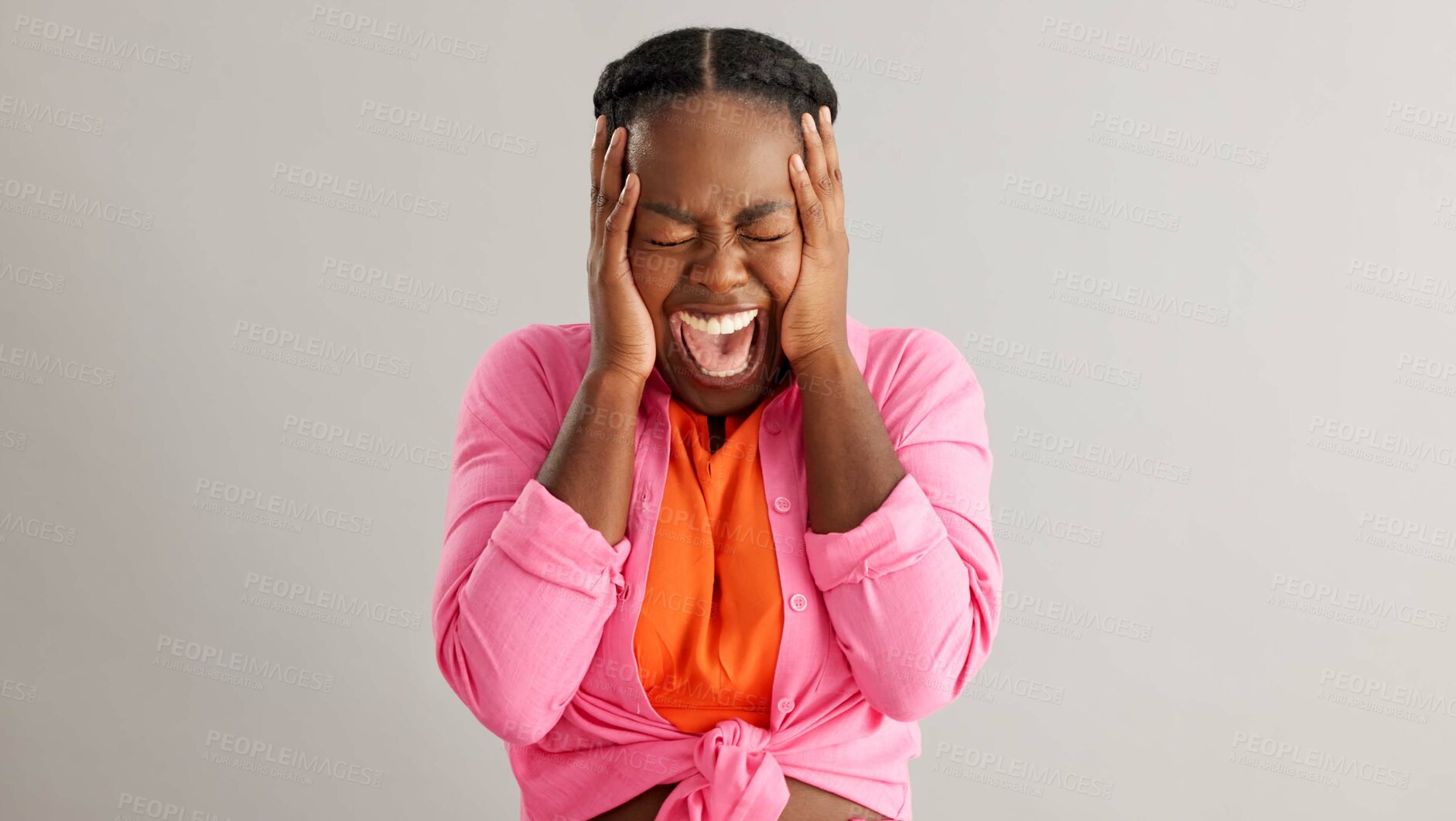 Buy stock photo Anxiety, screaming and hands on face of black woman in studio with mental health crisis on grey background. Stress, shout and female model overthinking mistake, fail or frustrated, fear or disaster