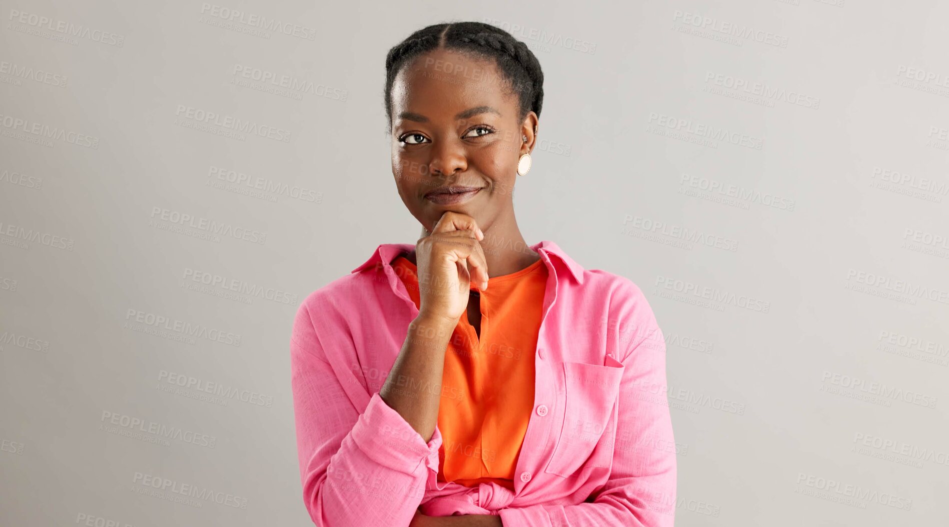 Buy stock photo Thinking, smile and black woman in studio with idea, solution or insight expression on grey background. Why, face and female model with brainstorming emoji for choice, opinion or solution decision