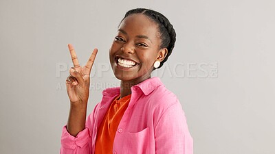 Buy stock photo Black woman, studio and portrait with smile with happiness for thank you, compliment or confident on grey background. African person, face and expression with satisfaction for joy, pride and surprise