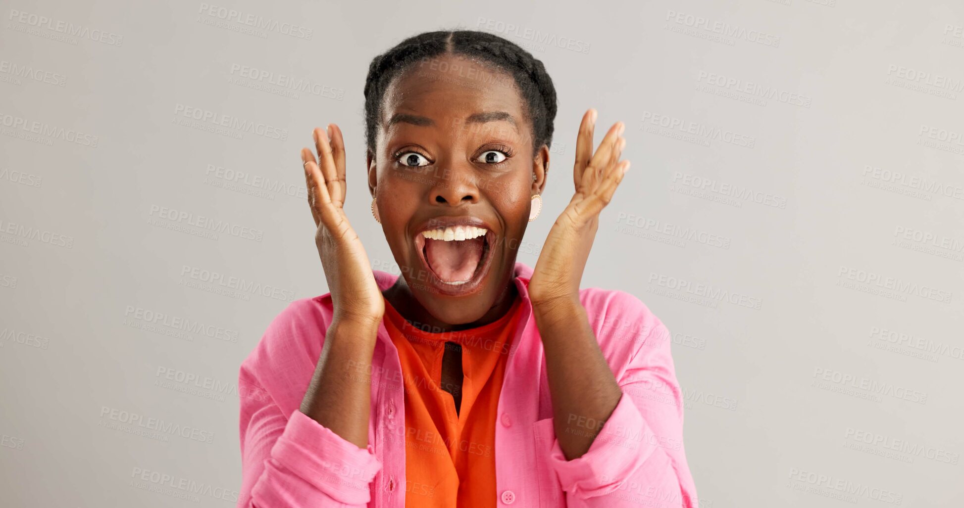 Buy stock photo Excited, black woman and surprise with good news for winning, celebration or prize on a gray studio background. Portrait of African female person with smile for lucky draw or lottery on mockup space