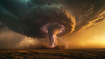 Tornado, storm and lightning with clouds of hurricane in nature, landscape and field with wind vortex in sky. Climate, devastation and typhoon outdoor with cyclone or whirlwind in natural disaster