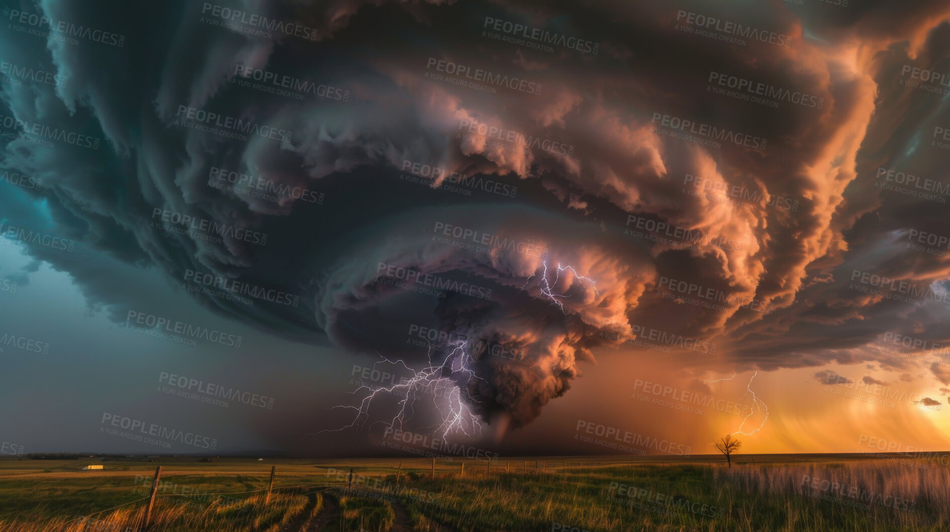 Buy stock photo Tornado, lightning and storm with natural disaster on field for global warming, climate change or destruction. Clouds, nature and emergency in Texas with thunder for land damage, crisis or twister