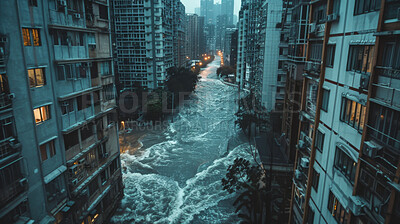 Water, city and natural disaster with flood for global warming, tsunami or destruction to environment. Nature, rain and buildings with tsunami in storm for damage, climate change or crisis from above