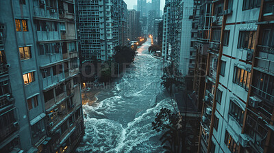 Buy stock photo Water, city and natural disaster with flood for global warming, outdoor or destruction to environment. Nature, rain and buildings with tsunami in storm for damage, climate change or crisis from above