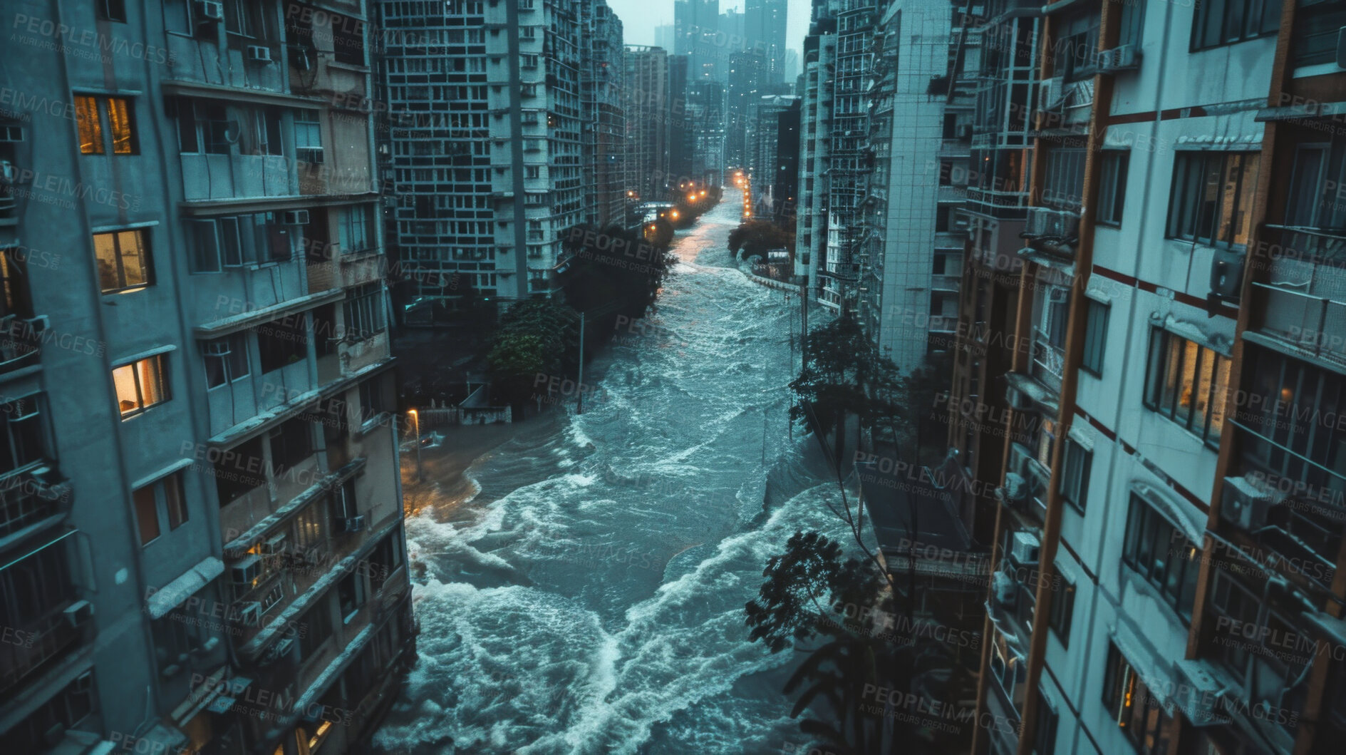 Buy stock photo Water, city and natural disaster with flood for global warming, outdoor or destruction to environment. Nature, rain and buildings with tsunami in storm for damage, climate change or crisis from above