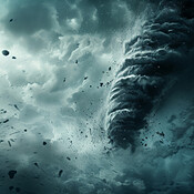 Tornado, sky and natural disaster with damage in severe weather warning ...