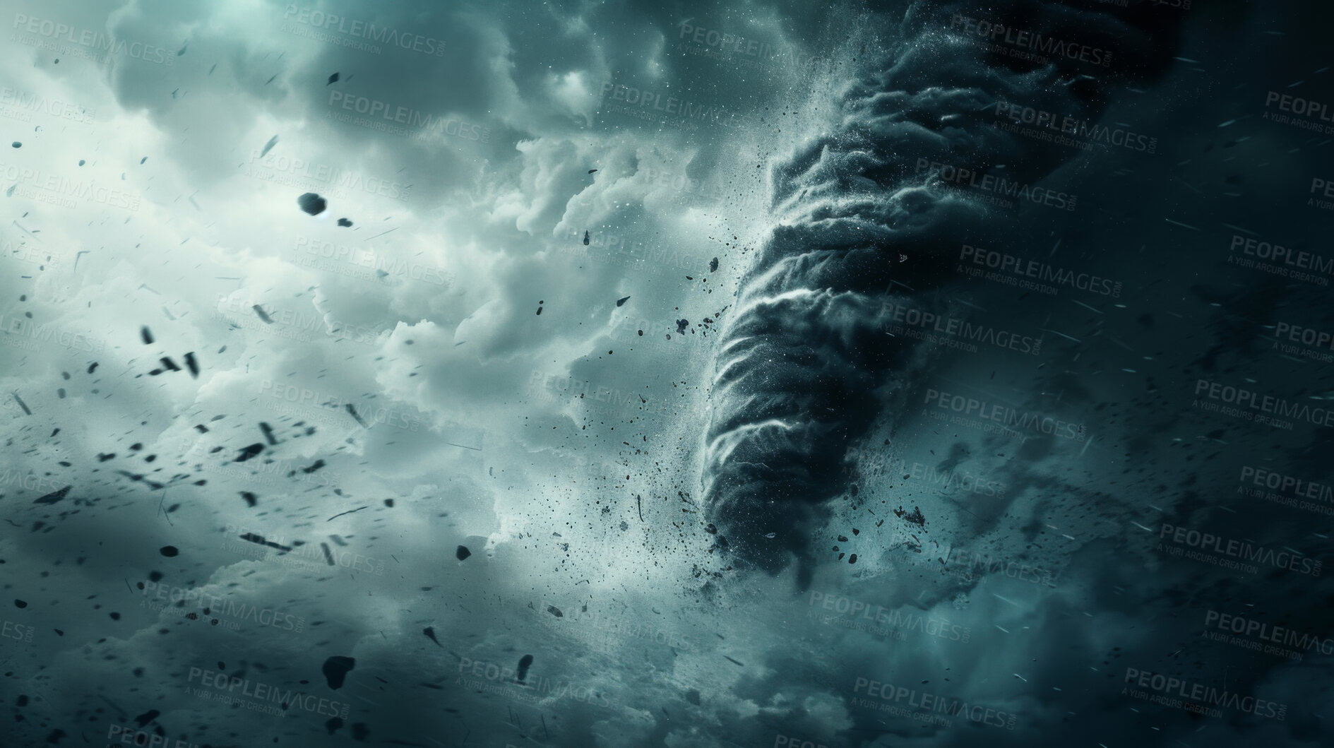 Buy stock photo Tornado, sky and natural disaster with damage in severe weather warning, danger or climate change. Powerful storm, wind and cyclone or vortex of grey clouds in Southern USA with destruction and risk