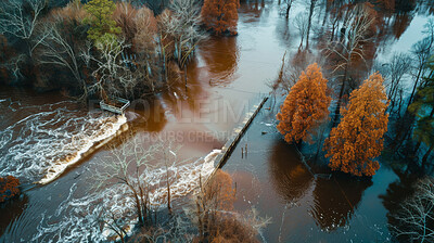 Buy stock photo Flood, forest and natural disaster with water for climate change, hurricane and crisis in environment. Tsunami, nature and trees with damage in storm for weather, global warming and danger from above