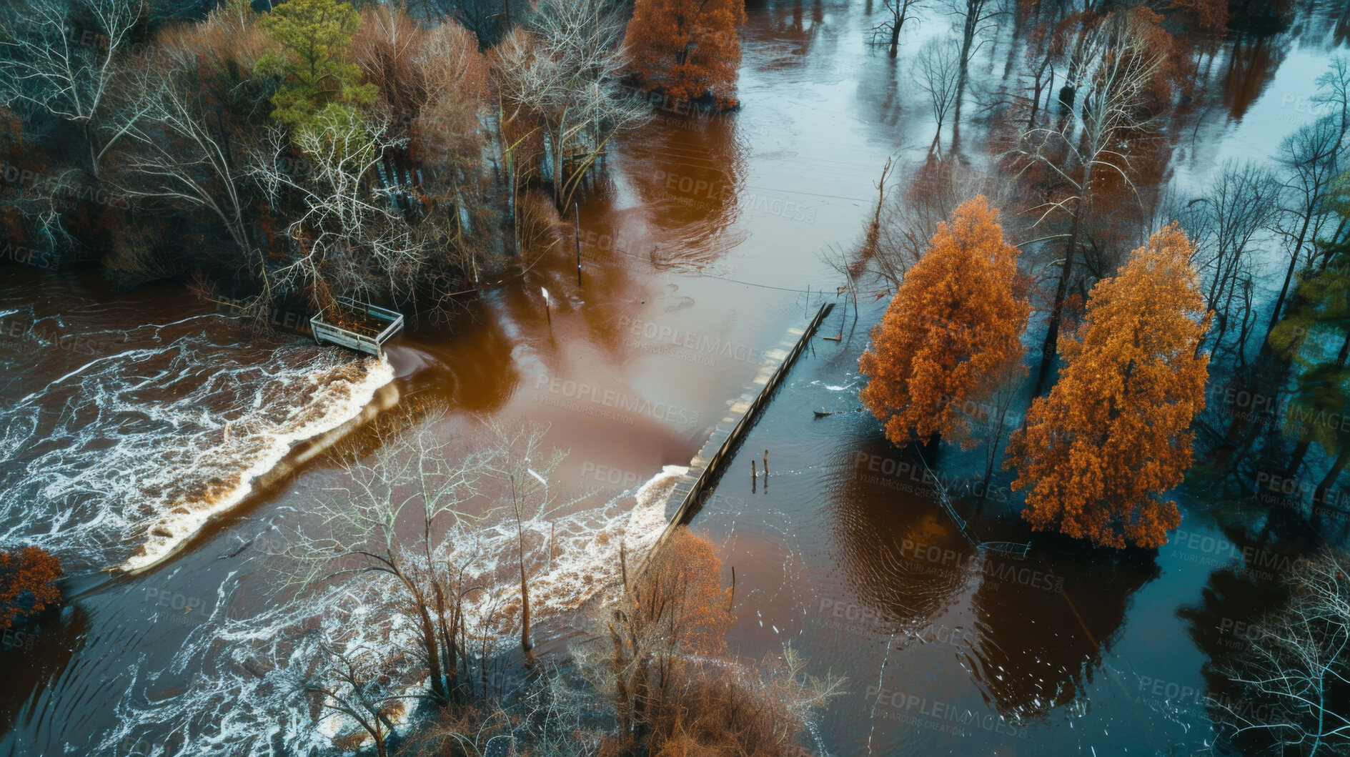 Buy stock photo Flood, forest and natural disaster with water for climate change, hurricane and crisis in environment. Tsunami, nature and trees with damage in storm for weather, global warming and danger from above