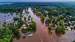 House, flood and natural disaster or underwater or aerial in Florida or damage, global warming or problem. Home, suburbs and extreme emergency or dangerous rain crisis, climate change or evacuation