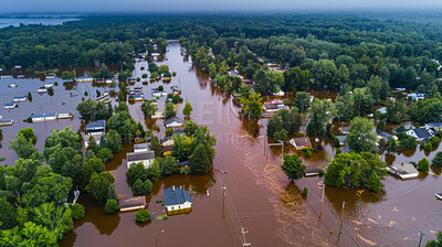 Buy stock photo House, flood and natural disaster or underwater or aerial in Florida or damage, global warming or problem. Home, suburbs and extreme emergency or dangerous rain crisis, climate change or evacuation