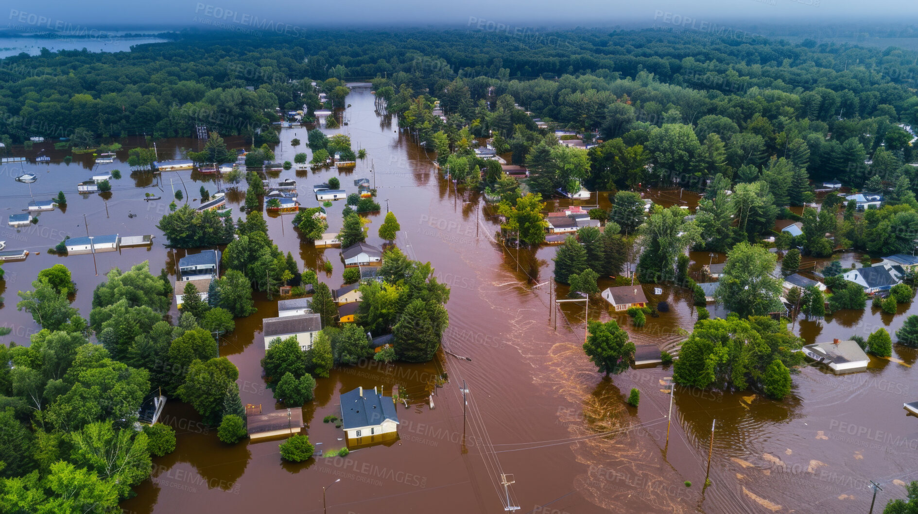 Buy stock photo House, flood and natural disaster or underwater or aerial in Florida or damage, global warming or problem. Home, suburbs and extreme emergency or dangerous rain crisis, climate change or evacuation