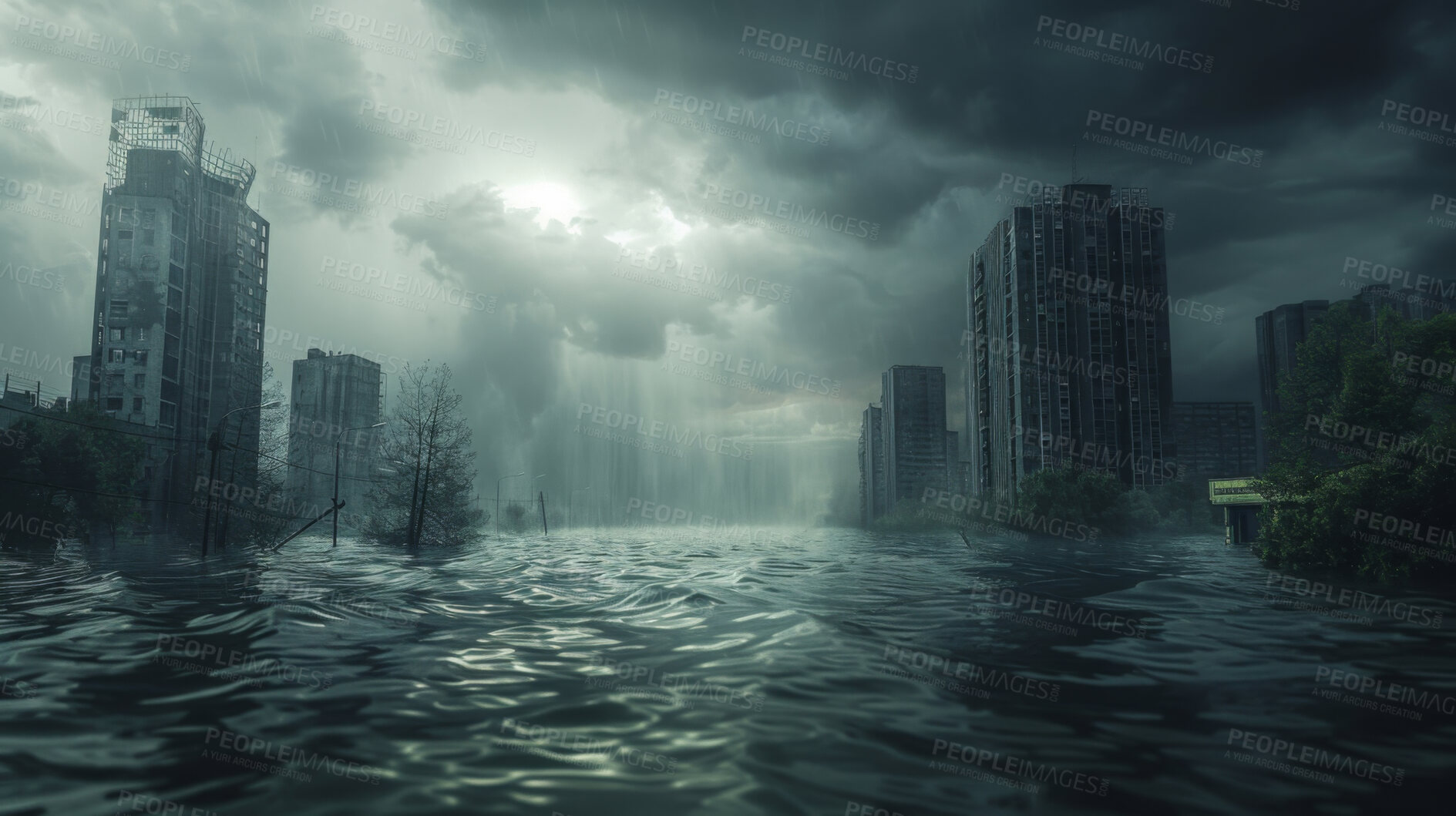 Buy stock photo Clouds, city and natural disaster with water for climate change, tsunami and crisis in environment. Rain, nature and buildings with flood in storm for weather damage, global warming and destruction