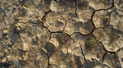 Dry, ground and drought background as natural disaster for climate change with cracks, soil or mud. Surface, soil and texture of environment as summer heatwave in Texas, top view or global warming