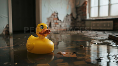 Water, house or rubber duck in hurricane flood, chaos or natural disaster, damage or destruction. Splash, insurance and home crisis with plumbing mistake, leak or emergency, evacuation or relocation