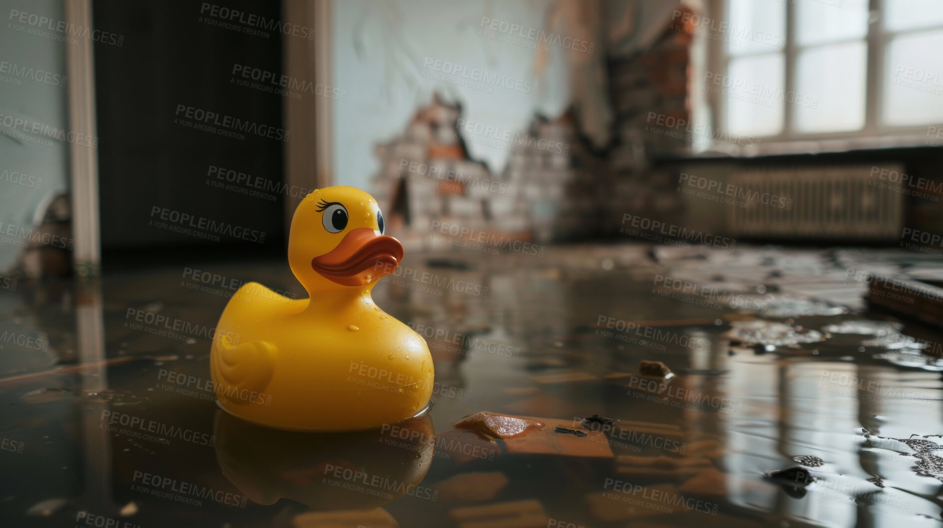 Buy stock photo Water, house or rubber duck in hurricane flood, chaos or natural disaster, damage or destruction. Splash, insurance and home crisis with plumbing mistake, leak or emergency, evacuation or relocation