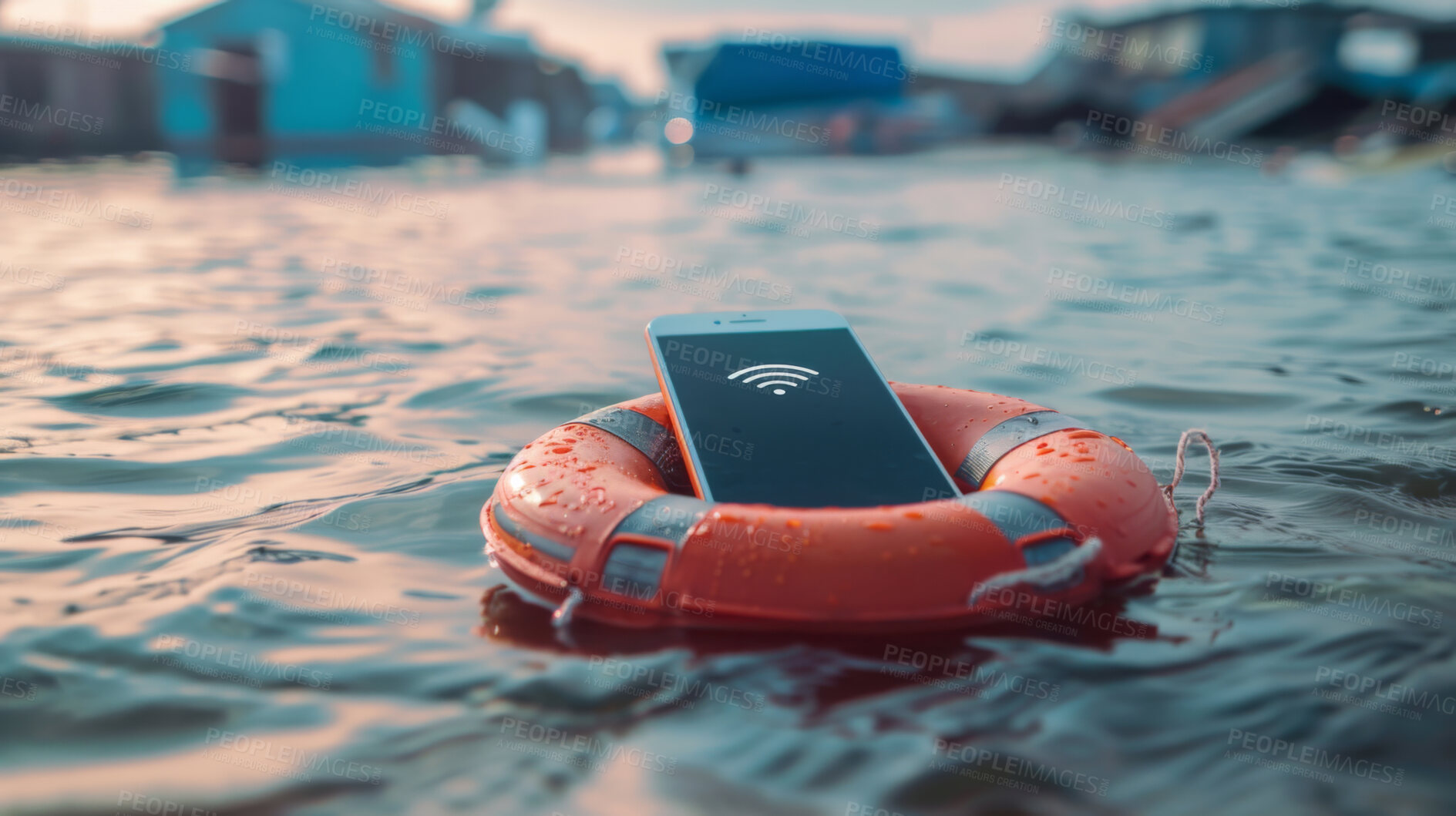 Buy stock photo Street, damage and floods from storm or rain in winter weather with smartphone, life buoy in Texas. Climate, environment and water or hurricane with natural disaster, connection issues and crisis