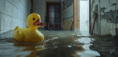 House, water and rubber duck in flood from hurricane, chaos or natural disaster, damage or destruction. Splash, insurance and home crisis with plumbing mistake, leak or bathroom emergency evacuation