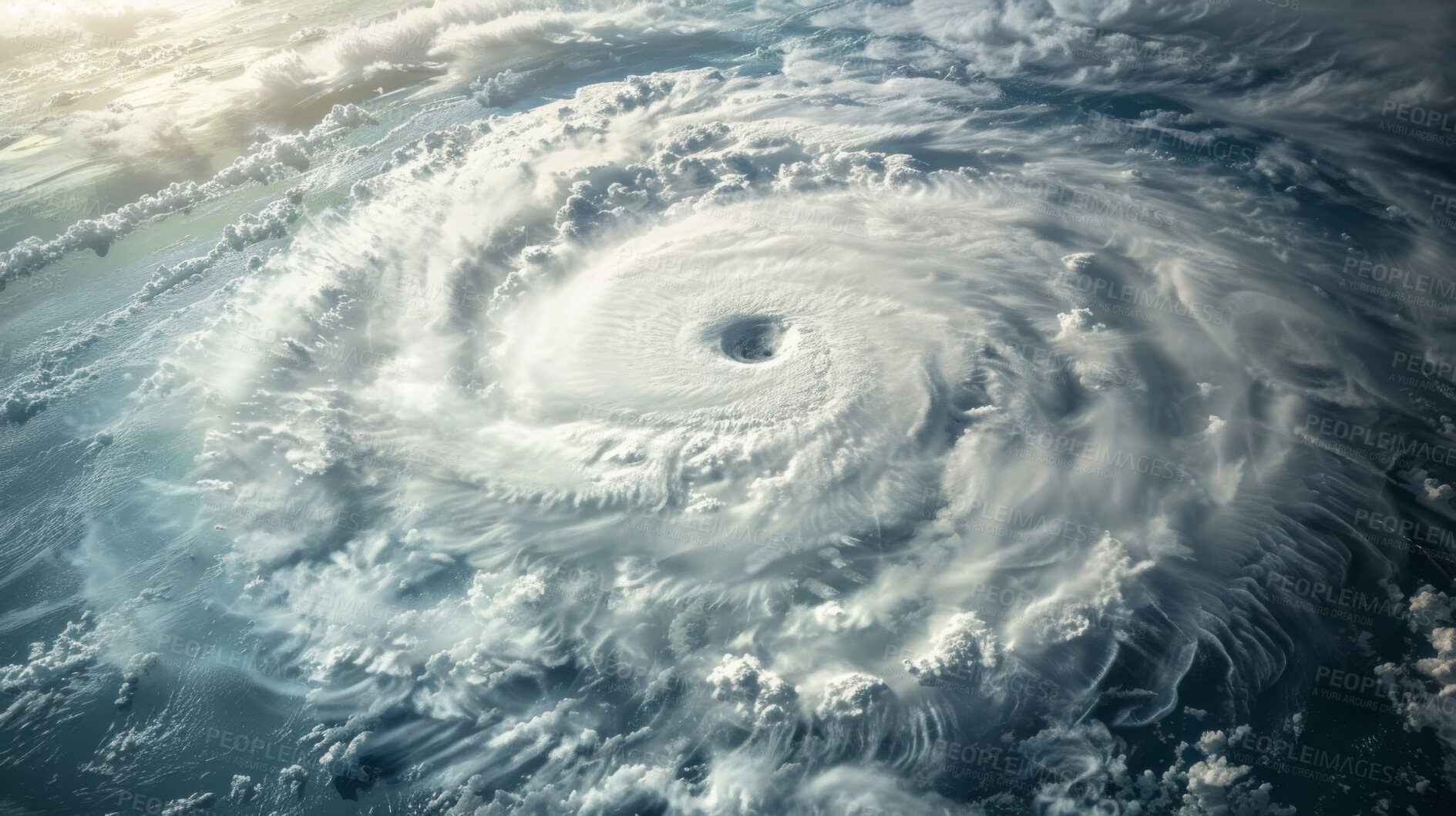 Buy stock photo Sky, typhoon and cyclone as natural disaster from atmosphere for weather emergency, evacuation or storm. Whirlwind, environment and climate change crisis in pacific ocean, dangerous or destruction