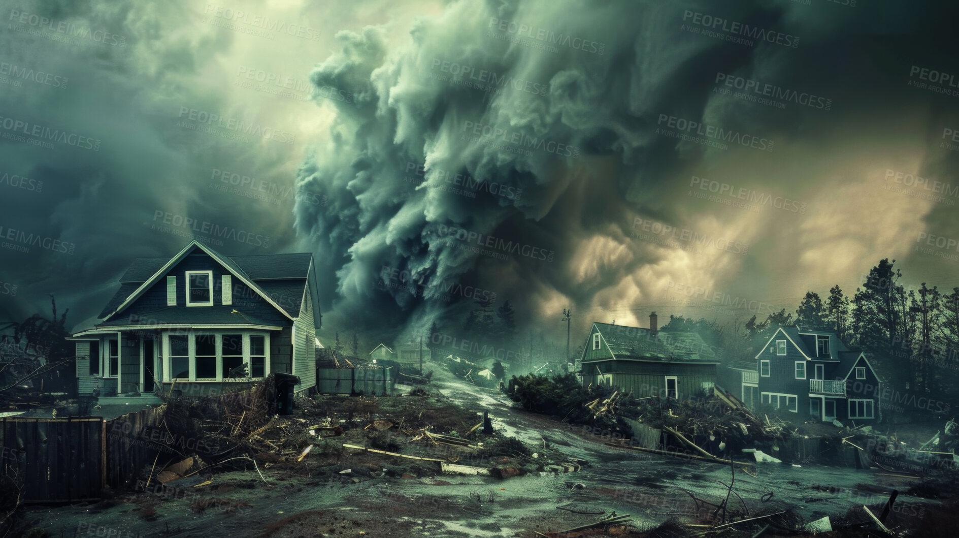 Buy stock photo House, hurricane or natural disaster and dark cloud in sky with aftermath of loss or property wreckage. Building, home and tornado with real estate damage, debris or destruction from storm in China