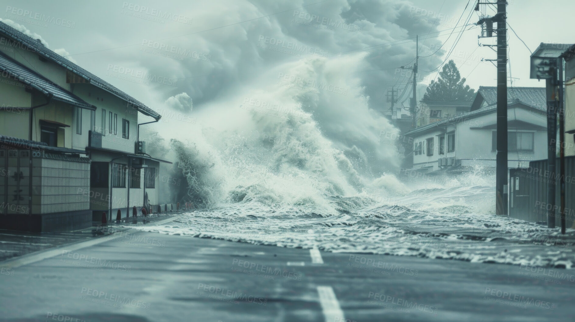 Buy stock photo Wave, road or flood of climate change, building or earth day as sustainable, apocalypse or wallpaper. Tsunami, street or global warming as natural disaster, weather or danger by catastrophe or crisis